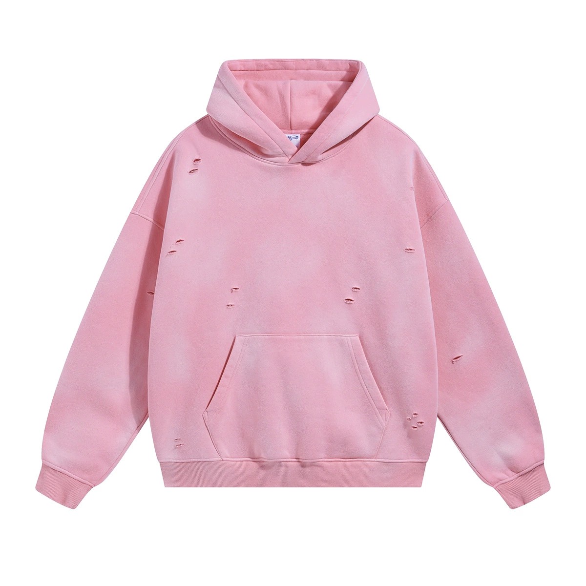 2024秋冬新品360G喷马骝洗水做旧割破洞连帽加绒卫衣