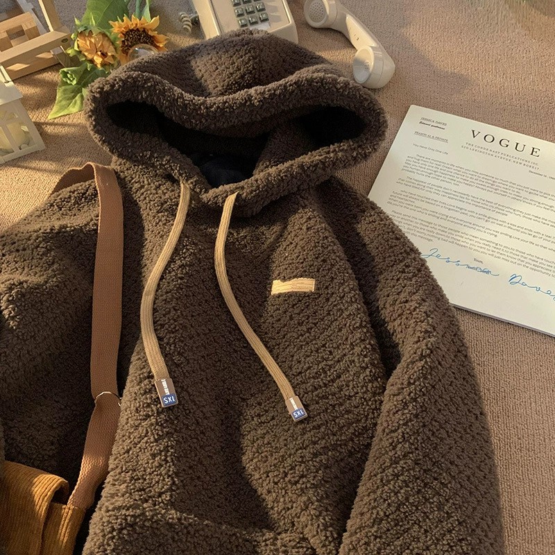 贴标摇粒绒连帽卫衣男款冬季加绒加厚美式复古潮牌青少年重磅外套