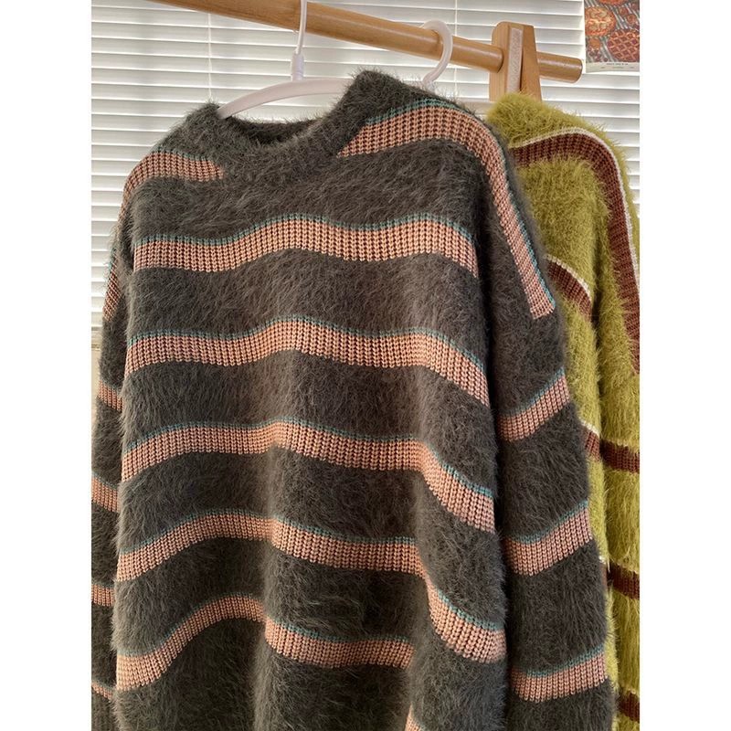 厂家直供 秋冬美式复古宽松oversize马海毛条纹毛衣男情侣针织衫