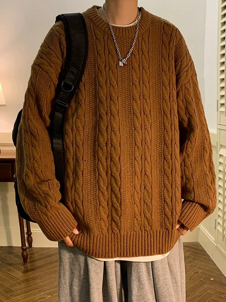 2024新款麻花毛衣男款圆领宽松ins潮牌春秋冬季复古针织衫上衣服