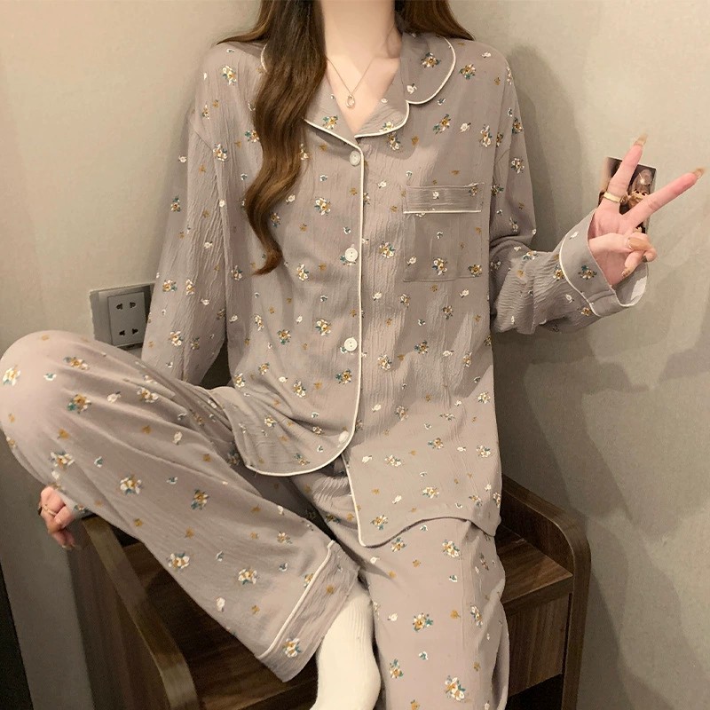 复古田园风小碎花睡衣女春季新款长袖套装家居服可外穿实拍批发