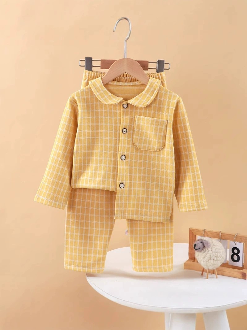 新款童装家居服套装儿童方格子暖绒翻领家居服男童睡衣宝宝居家服