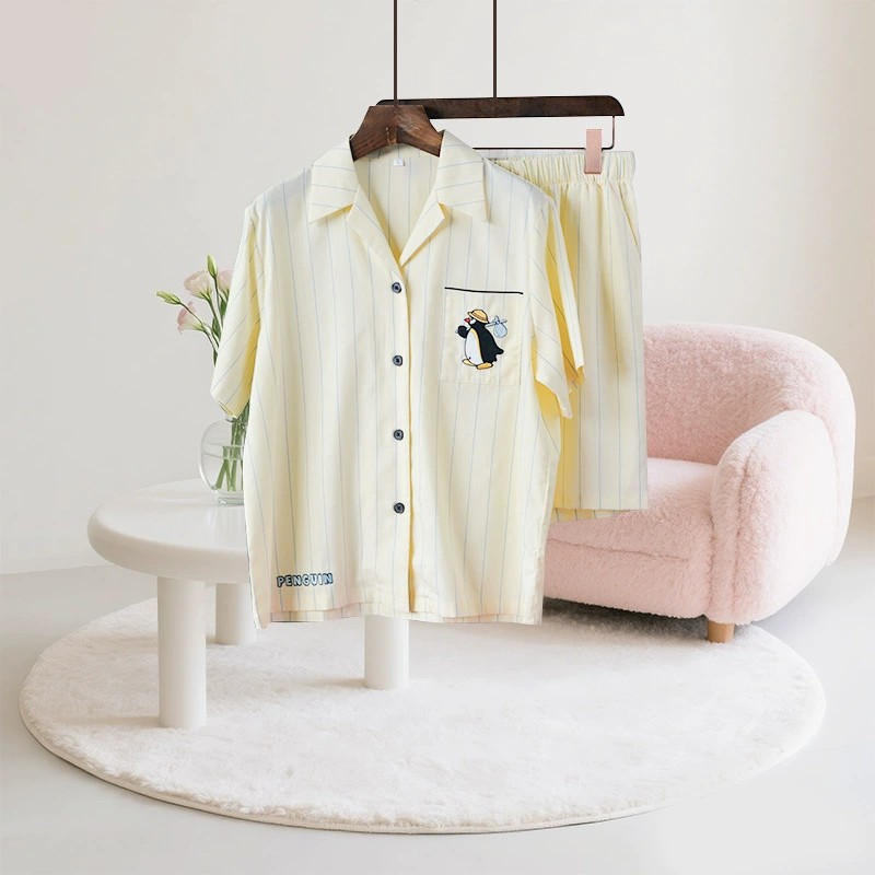 天丝棉薄款睡衣女夏冰丝短袖短裤睡衣套装可外穿情侣家居服