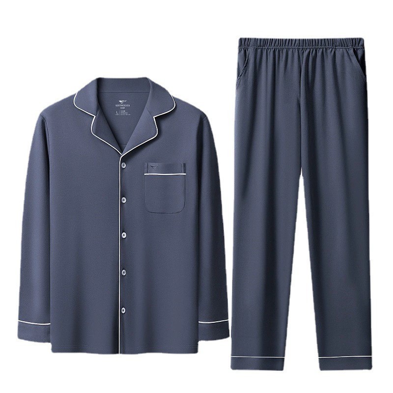 男士纯棉家居服净色开襟长袖家居套装全棉散步居家睡衣套装